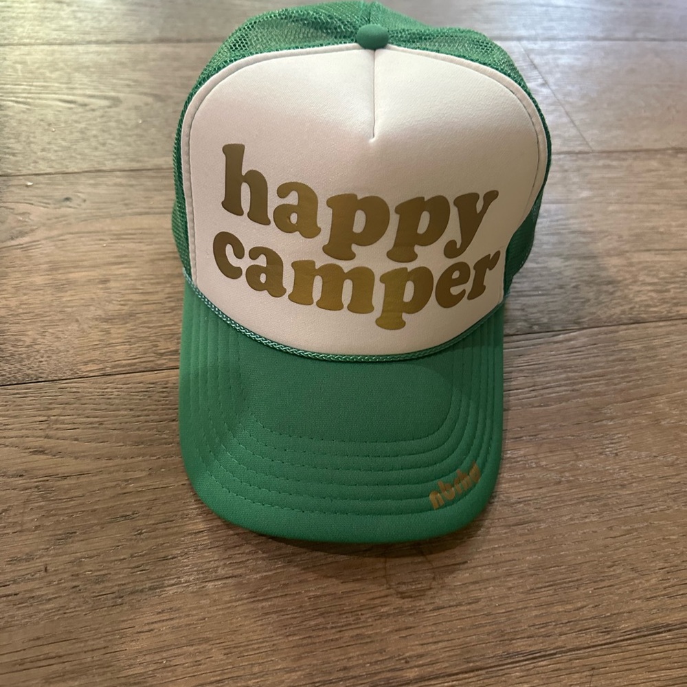 Neighborhood Laguna happy camper trucker Hat with gold colored writing